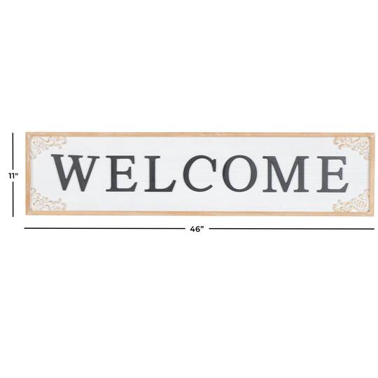 46" x 11" White with Scroll Details Wooden Welcome Sign Wall Décor